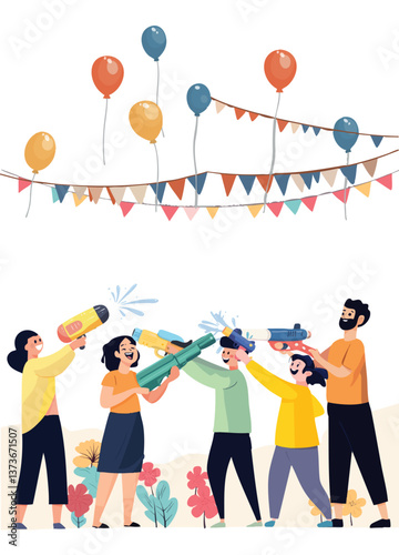 Family and friends playing water guns during Songkran