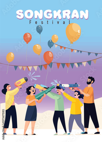 Songkran water festival celebration with balloons and water guns
