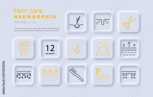 Hair care set icon. Follicle, elasticity, scissors, growth, face, wave, roots, brush, temperature, smoothness, repair.