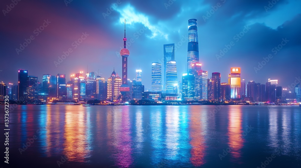 Vibrant Night City Skyline Reflecting In Water Vibrant Night City Skyline Reflecting In Water