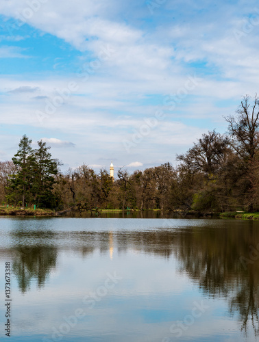 Zamecky rybnik pond with Minaret building on the background in Lednicko-valticky areal in Czech republic
