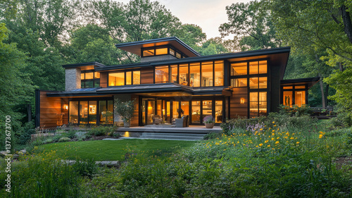 Modern house with large windows surrounded by lush greenery and garden