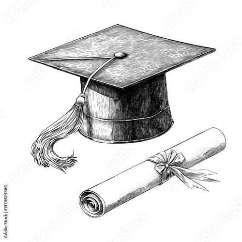 Graduation cap and a rolled diploma drawing illustration sketch vector