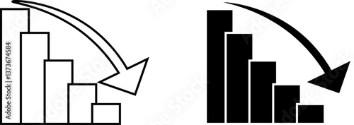 Downward bar chart icon with decreasing trend, financial loss, business decline, stock market drop, economic downturn with transparent background.