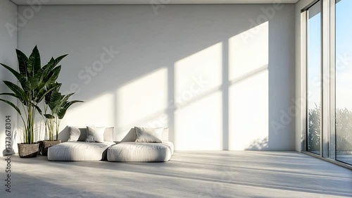 Minimalist living room with sunlight, plants, and light-grey seating