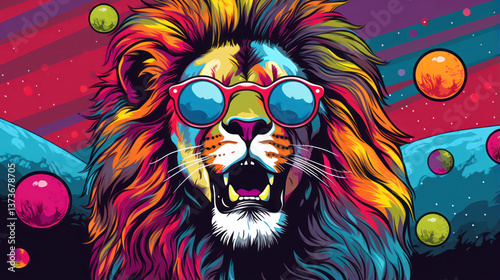 Lion Surrounded by Colorful Candies in Cosmic and Psychedelic Setting, Vibrant Animal Illustration with Multicolored Sweets