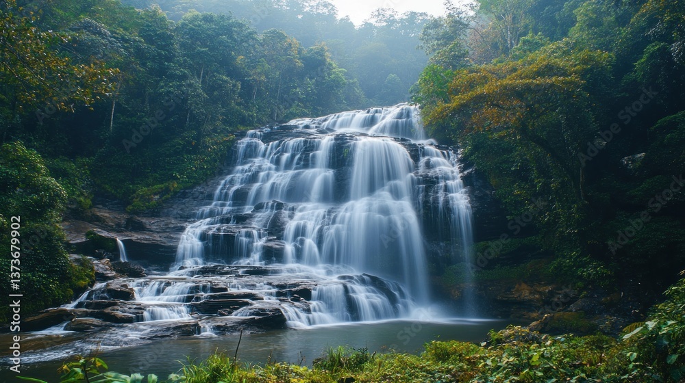 Serene Waterfall Cascading Through Lush Greenery Serene Waterfall Cascading Through Lush Greenery