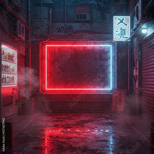 A dimly lit, atmospheric alleyway with a glowing neon rectangle sign and Japanese script, reflecting off wet surfaces with a smoky haze.

