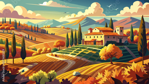Panoramic view of the Chianti region in Tuscany, Italy. with an abandoned farmhouse. Autumn season.
