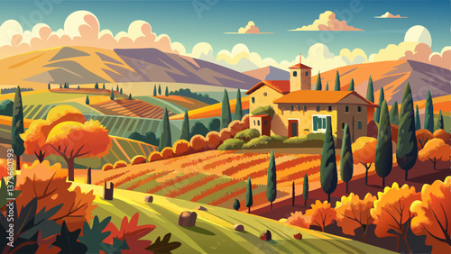 Panoramic view of the Chianti region in Tuscany, Italy. with an abandoned farmhouse. Autumn season.