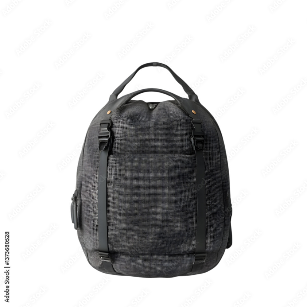 Fototapeta premium A gray textured backpack with black straps and a handle isolated on a transparent background in a studio