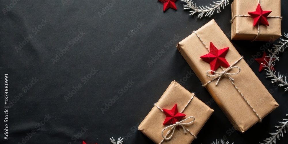 Fototapeta premium A Festive Arrangement of Wrapped Gifts with Red Stars and Winter Branches on a Dark Background