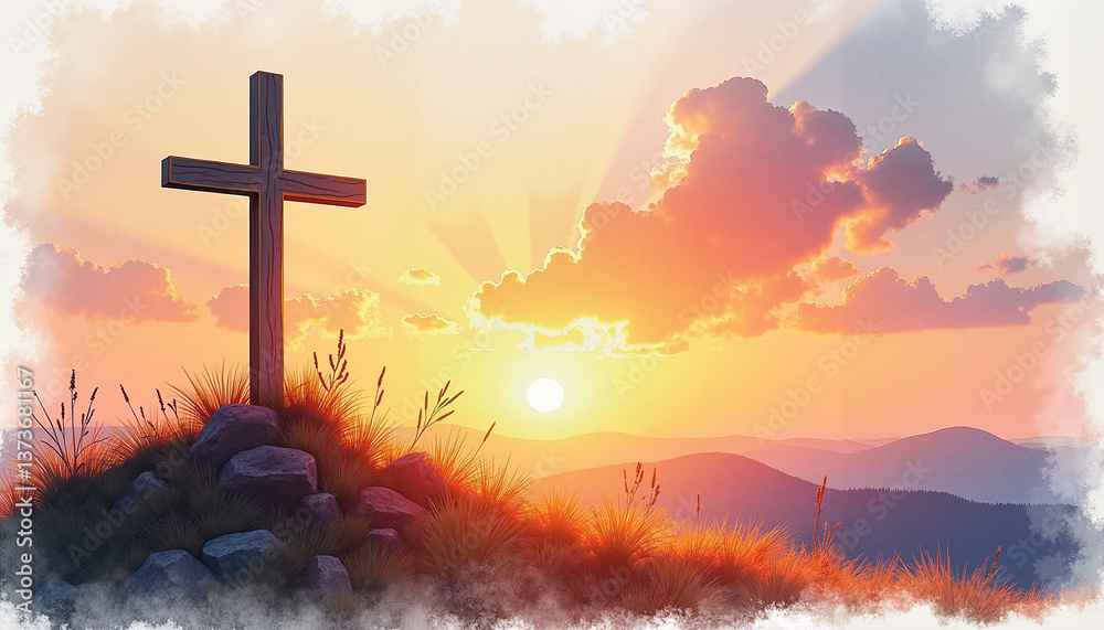 Obraz premium Sunlit cross on hill silhouette, spiritual calmness at dawn