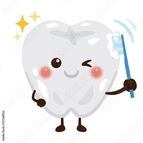 歯磨きをする歯のキャラクターイラスト