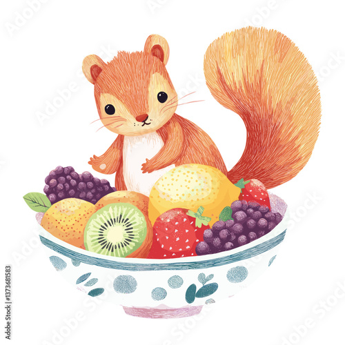 Squirrel with fruits bowl illustration nature vector