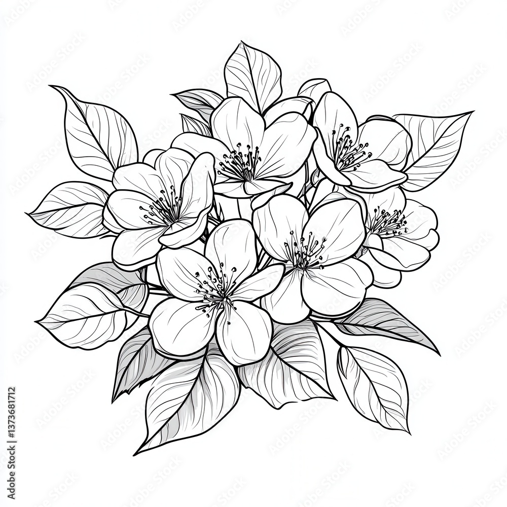 Fototapeta premium Detailed floral illustration featuring blooming flowers and leaves in a botanical design