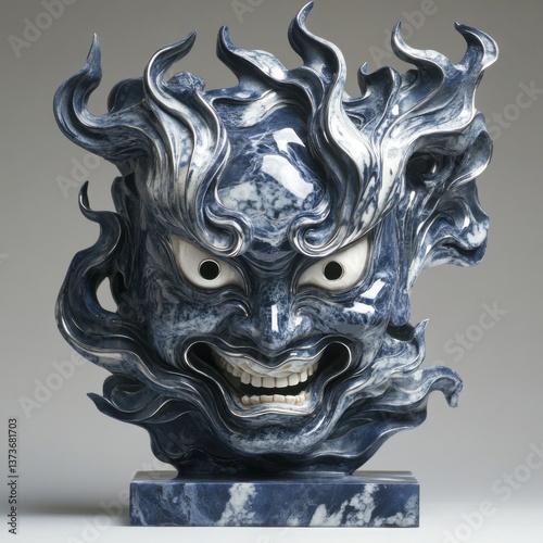 Artistic Mask Sculpture with Fiery Hair and Intense Expression