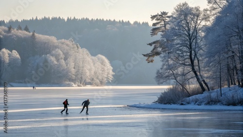 a frozen lake in winter with ice skaters gliding
