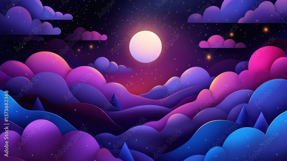 Serene Night Sky Scene with Radiant Full Moon Illuminating the Colorful Clouds and Hills Under Starry Atmosphere Serene Night Sky Scene with Radiant Full Moon Illuminating the Colorful Clouds and Hills Under Starry Atmosphere