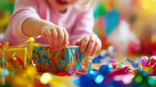 Excited child unwrapping colorful presents amid celebratory decorations