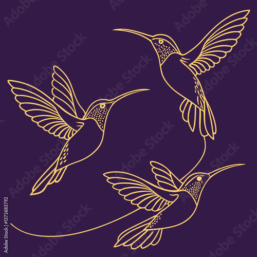 Dynamic Golden Hummingbird Silhouettes Deep Violet Background Bird Flight Motion Minimal Hovering Illustration Modern Wall Art Luxury Home Decor Elegant Gold Nature Print