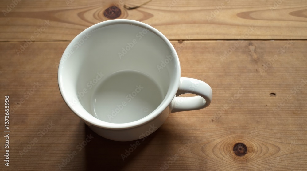 An empty white ceramic mug rests on a light brown wooden surface, ready for a warm beverage An empty white ceramic mug rests on a light brown wooden surface, ready for a warm beverage