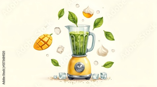 Watercolor Illustration of Blender with Fruits and Ingredients