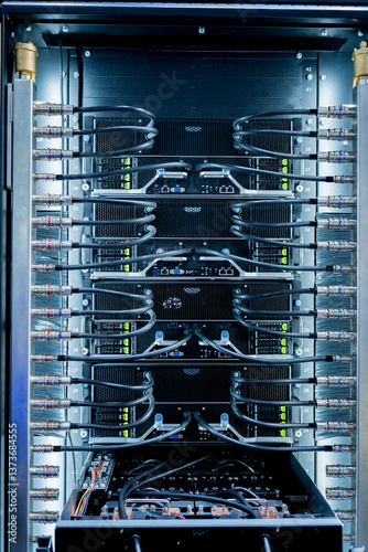 Close up of a data center and processing unit with cables and processors. Concept of hardware and connectivity for AI computing center