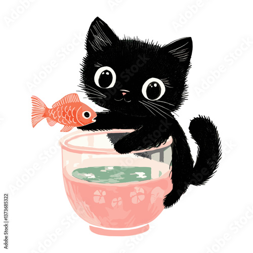 Kitten with gold fish animal black bowl vector