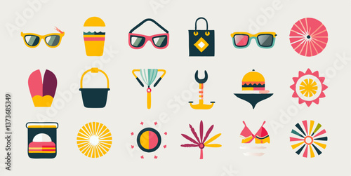 Set of different sand castle building tools images. Flat colorful isolated icons. Vector illustration.