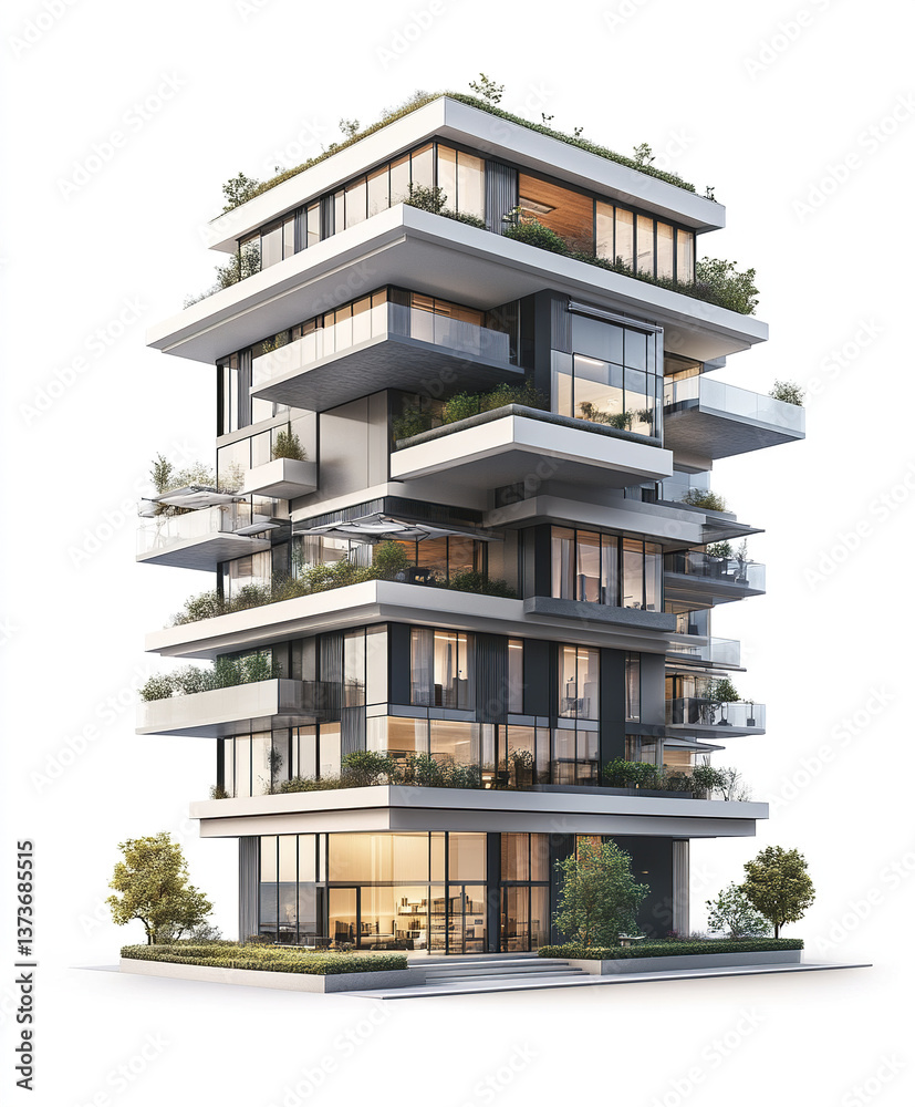 Obraz premium Modern condominium with greenery on white background