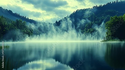 Misty lake nestled in a serene, forested valley