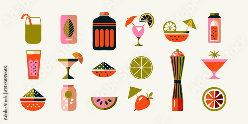 Set of different ingredients and tools for making a cocktail images. Flat colorful isolated icons. Vector illustration.