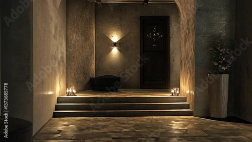 Dimly lit interior hallway with arched entryways, stone steps, and subtle lighting