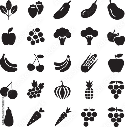 fruits and vegetables icon set over white background, silhouette style, vector illustration
