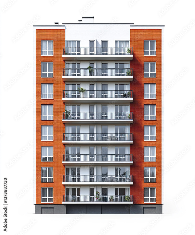 Modern condominium with red brick facade and balconies Modern condominium with red brick facade and balconies