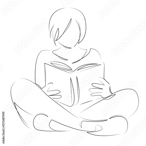 One continuous line art drawing flat illustration book, person, reading, female, woman, girl, lifestyle, education, student, sitting. Isolated image hand draw outline on white background