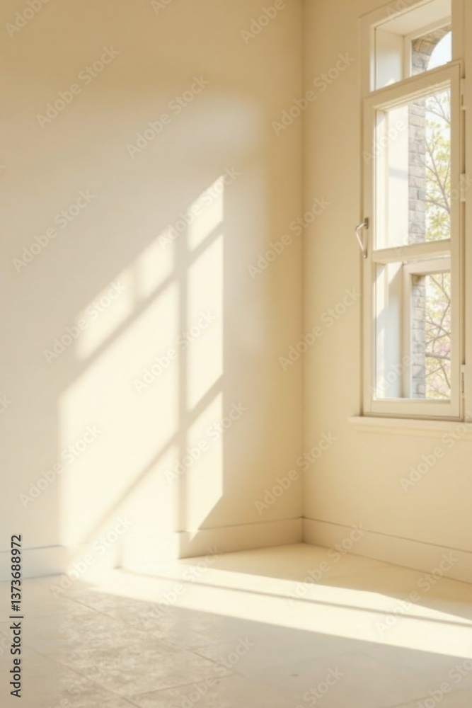 Serene Sunlight Illuminates a Minimalist Room Corner, Casting Gentle Shadows on the Walls and Floor, Creating a Peaceful and Tranquil Atmosphere Serene Sunlight Illuminates a Minimalist Room Corner, Casting Gentle Shadows on the Walls and Floor, Creating a Peaceful and Tranquil Atmosphere