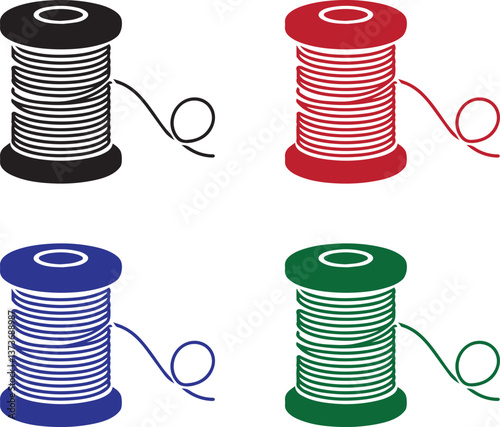 A set of colorful sewing threads with a needle and spool in a shiny metal can