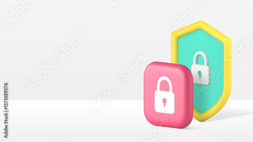 Shield with lock data protection privacy security safety identification banner copy space vector illustration. Assurance private protect secure guarantee authentication access verification