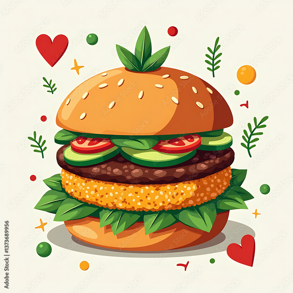 Bright vegan burger in flat design with geometric elements Bright vegan burger in flat design with geometric elements