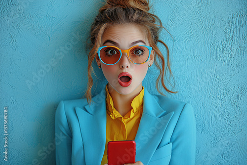 woman, age 20, wearing blue suit and tie red with lines blue, with sunglasses colorfull a red smartphone, and a surprised expression 