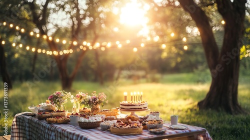 Enchanting Outdoor Celebration with Cakes and Flowers Amidst Glowing Lights