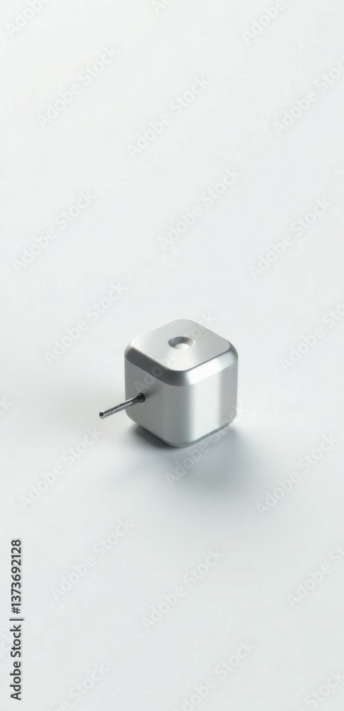 Close-up of a small, metallic cube with a protruding pin, isolated on a bright, neutral background, showcasing its simple, minimalist design and smooth surface. Close-up of a small, metallic cube with a protruding pin, isolated on a bright, neutral background, showcasing its simple, minimalist design and smooth surface.