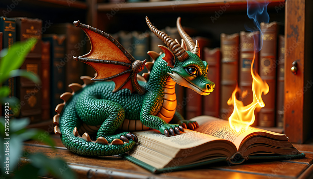 Fototapeta premium A wise book-loving dragon