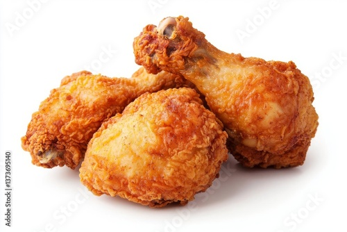 Delicious golden fried chicken drumsticks piled high on a white background.