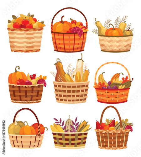 Baskets autumn harvest icon set. Grocery products in eco basket. Fresh organic healthy vegetarian food. Wicker baskets with autumn harvest of fruits and vegetables isolated on white