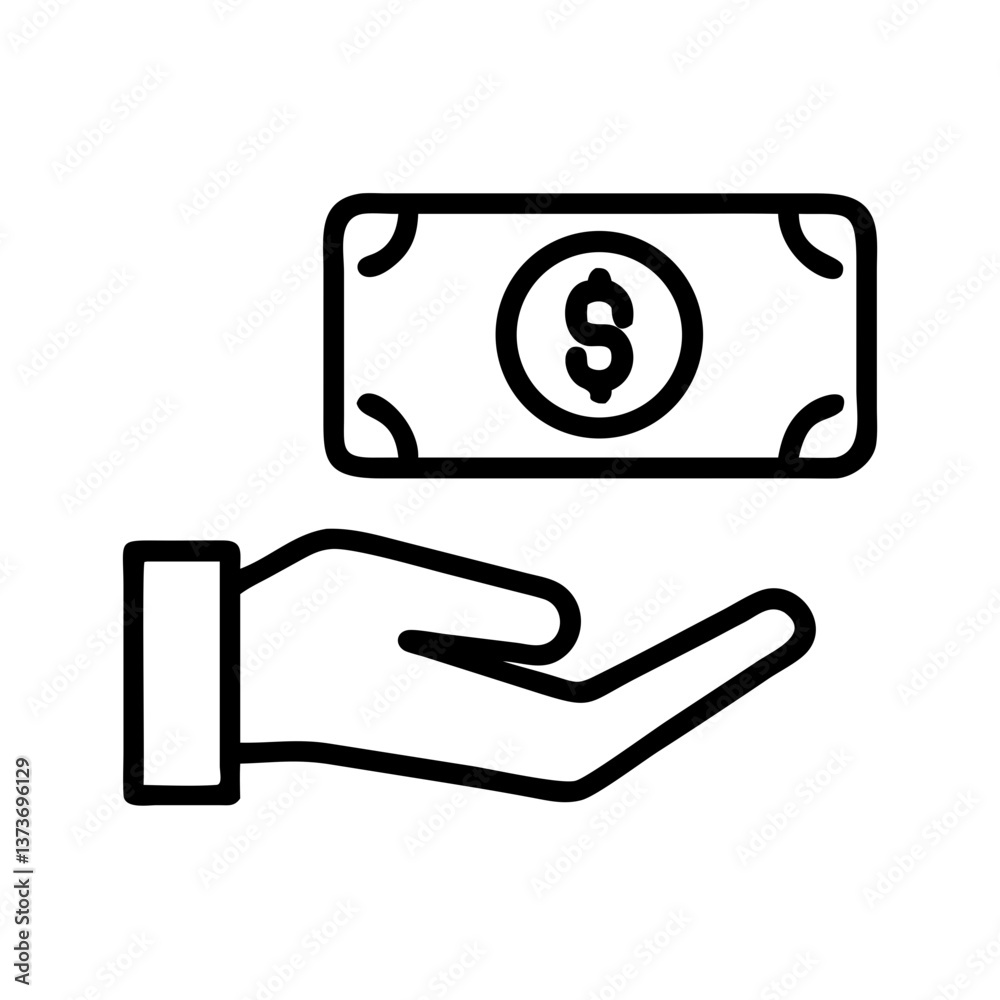 Payment icon with hand holding money in outline style Payment icon with hand holding money in outline style