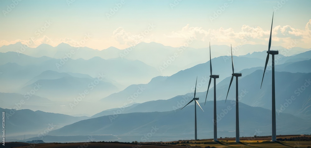Majestic wind turbines stand silhouetted against a range of distant mountains, hills, rotor, alternative