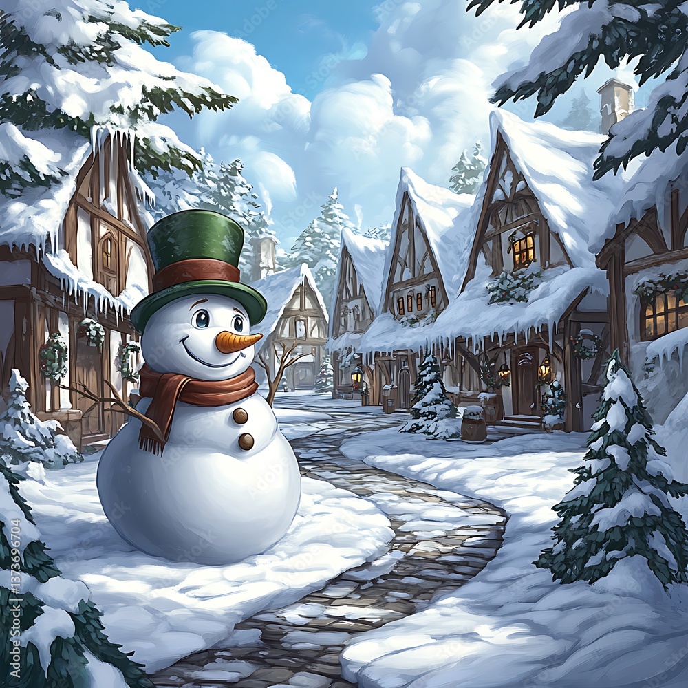 Fototapeta premium Cheerful Snowman in a Snowy Village Winter Scene
